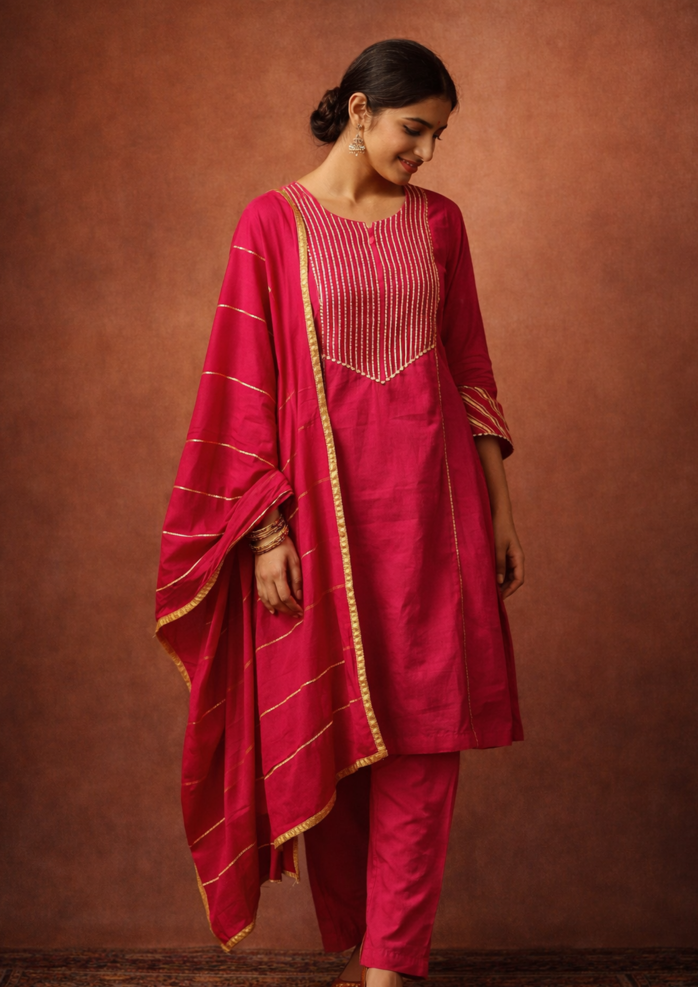 Fuchsia gota work cotton kurta pant set with gold stripes dupatta