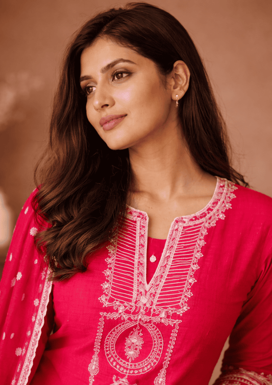 Hot pink cotton embroidered kurta pant set with dupatta