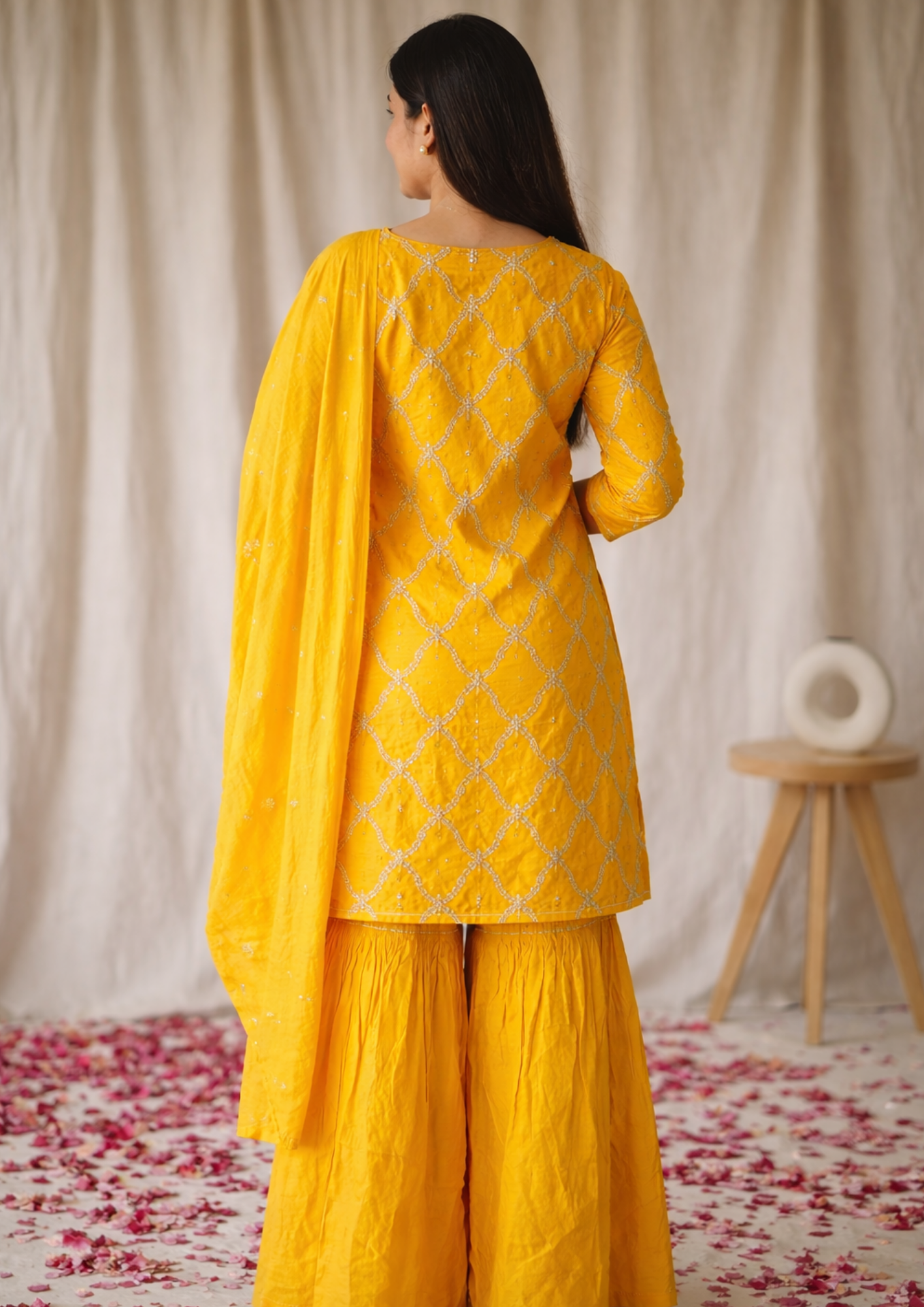 Mustard yellow cotton silk kurta set with embroidered dupatta