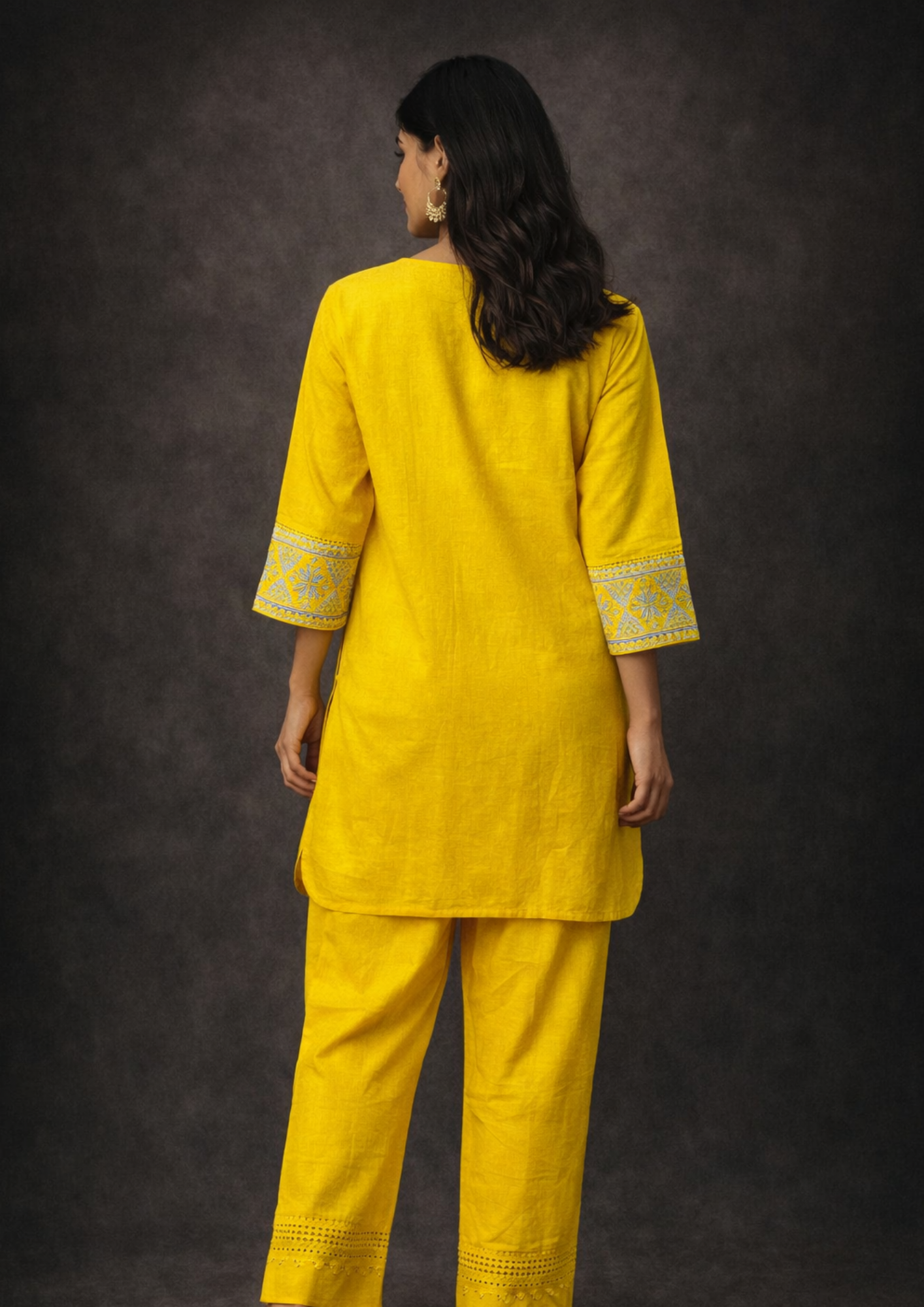 Mustard embroidered sleeves linen kurta pant set