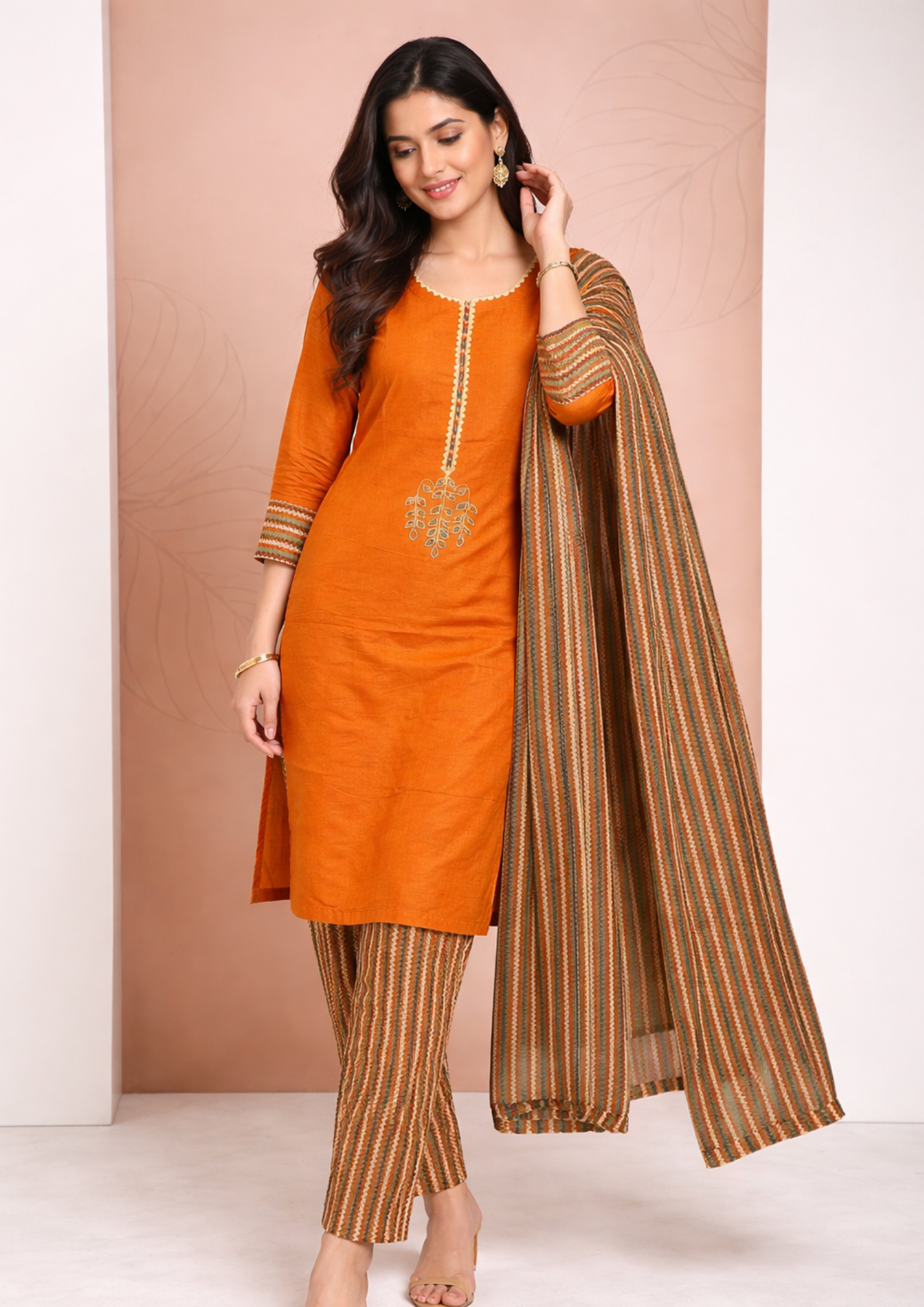 Rust Orange Cotton Kurta Pant Set with printed dupatta