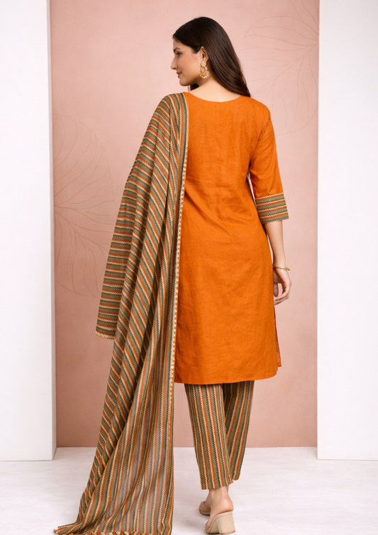 Rust Orange Cotton Kurta Pant Set with printed dupatta
