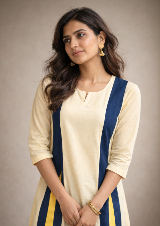 Cream cotton linen in navy colour block with inner lining kurta pant set