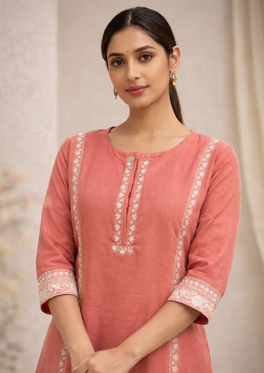 Peach cotton aari embroidered kurta with white cotton pant set