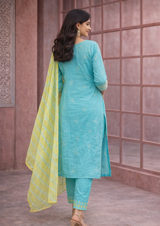 Turquoise cotton embroidered kurta pant set with yellow dupatta