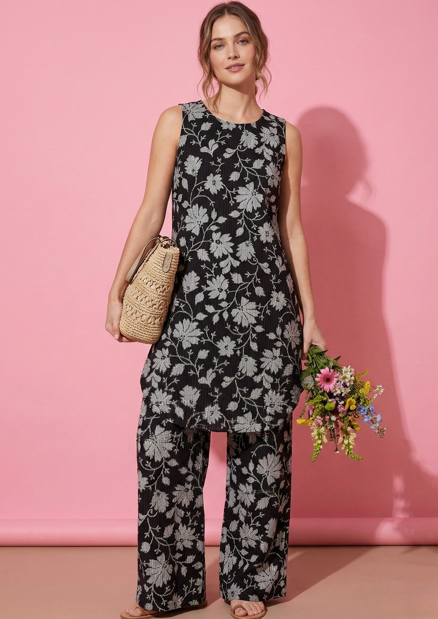 Black cotton kurta pant set with white floral print