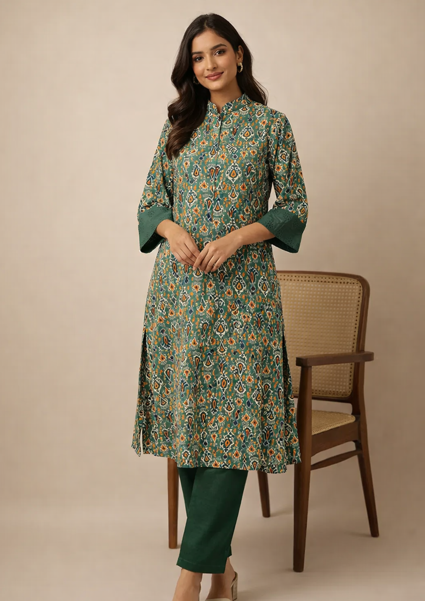 Olive Green Cotton Kurta With Multicolour Ikat-Inspired Ethnic Print