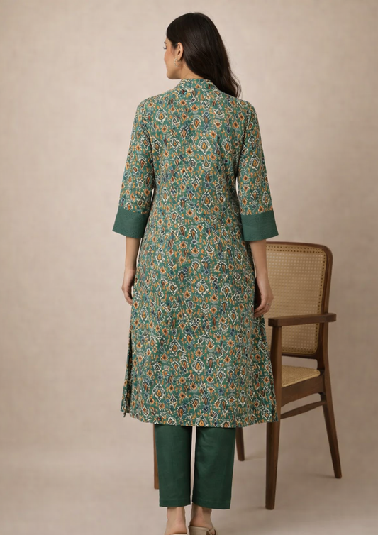 Olive Green Cotton Kurta With Multicolour Ikat-Inspired Ethnic Print