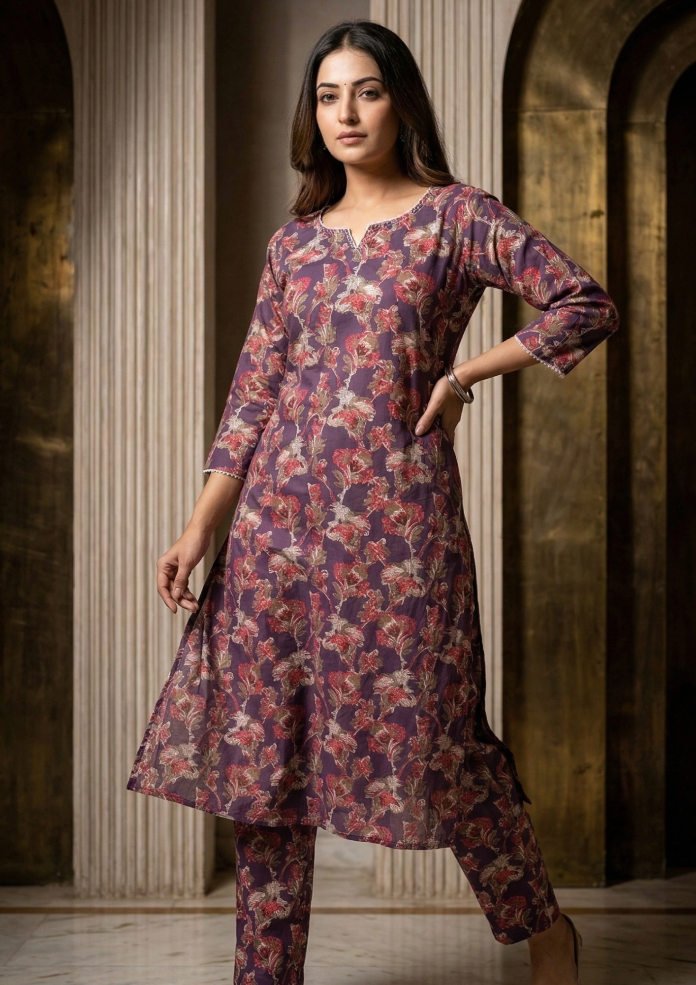 Purple cotton kurta with red beige floral printed pattern design