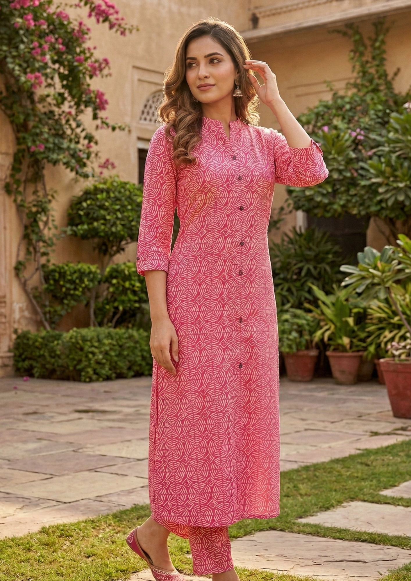 Pink cotton kurta with white circular geometric printed contemporary design pattern