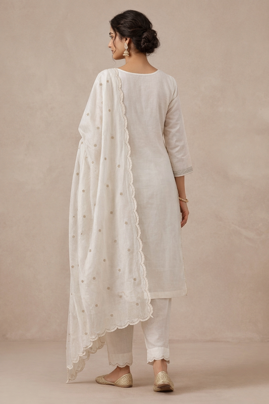 Ivory malmal blend kurta pant set with embroidered chiffon dupatta