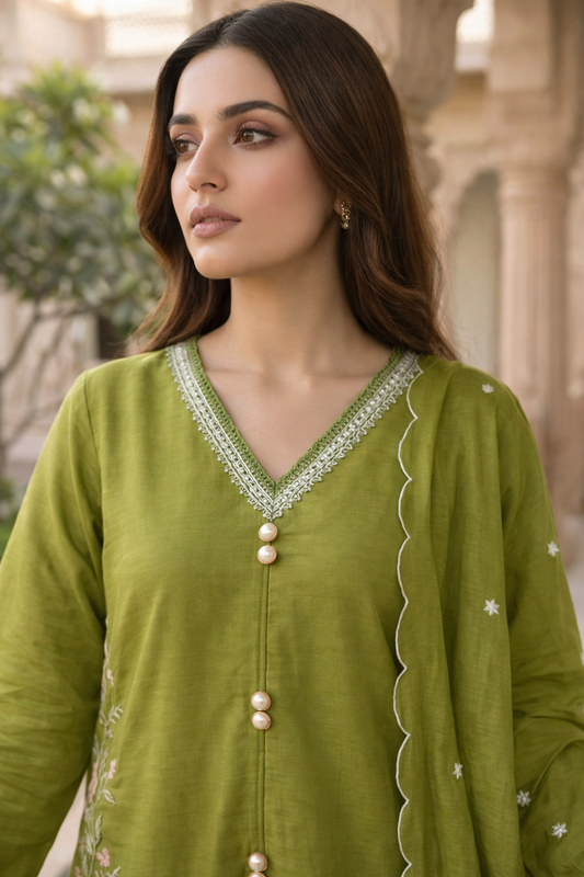 Olive Green Silk Embroidered Kurta pant Set with Dupatta