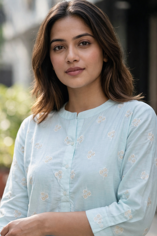 Blue Floral Embroidery Cotton Kurta