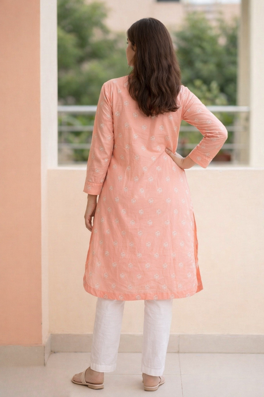 Peach Floral Embroidery Cotton Kurta