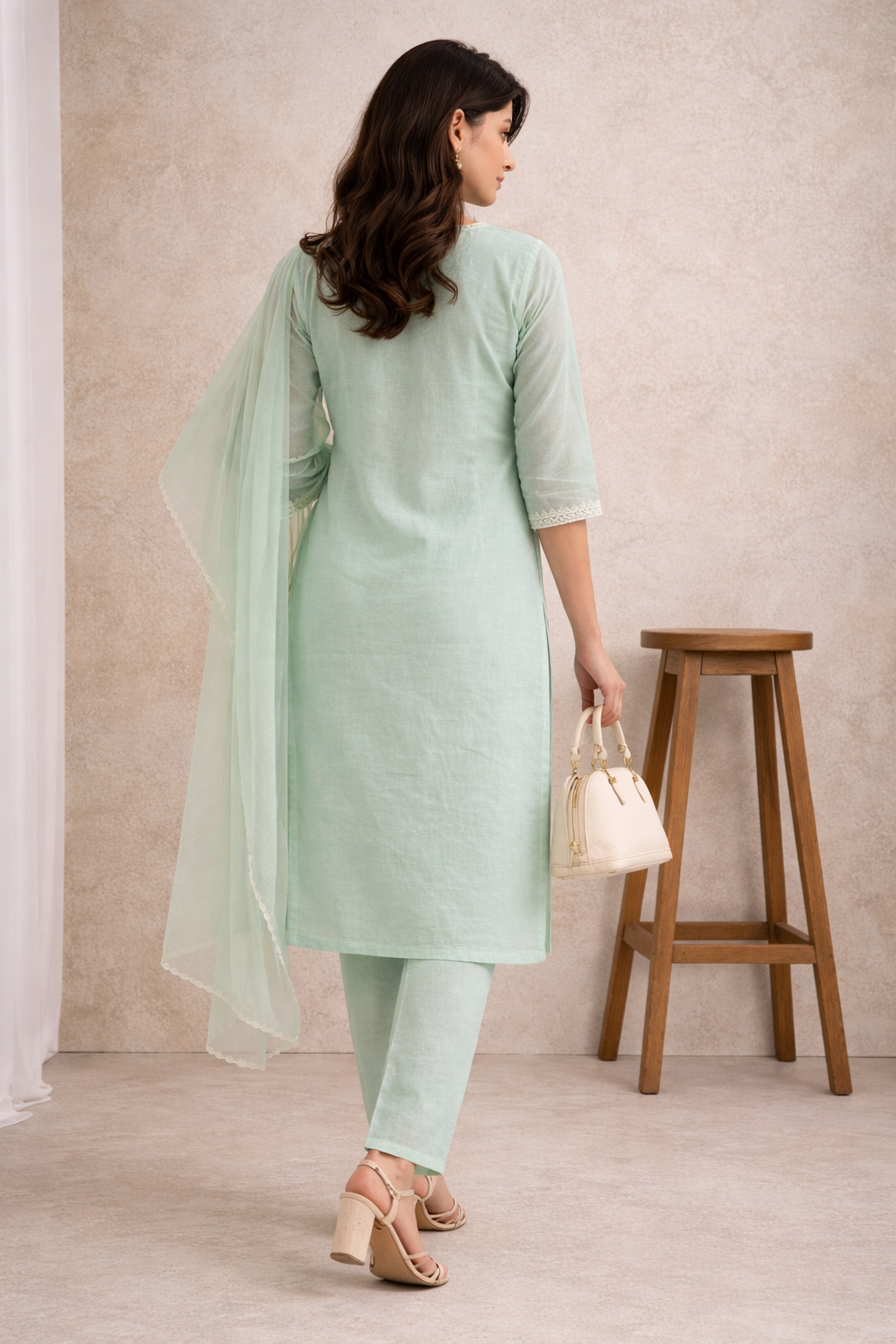 Unstitched sea green linen suit set with dupatta