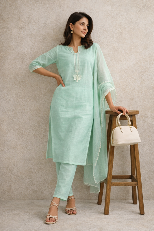 Unstitched sea green linen suit set with dupatta