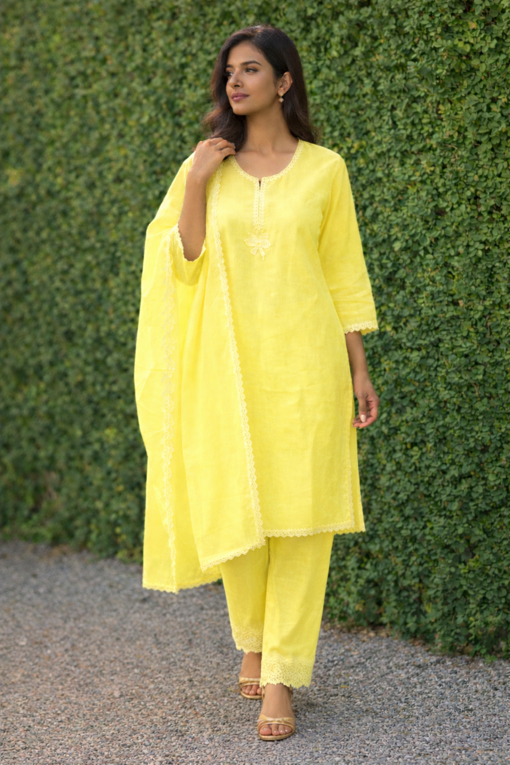 Unstitched lime linen suit set with dupatta