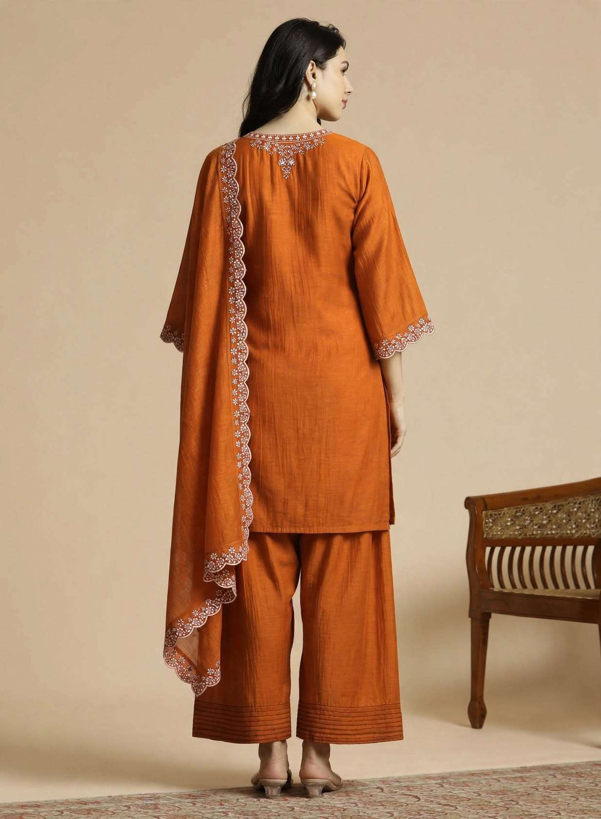 Rust Orange Embroidered Mul Chanderi Kurta and pant with Dupatta