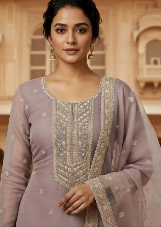 Semi Stitched Sheer Chiffon Lilac With Sequins Suit Material