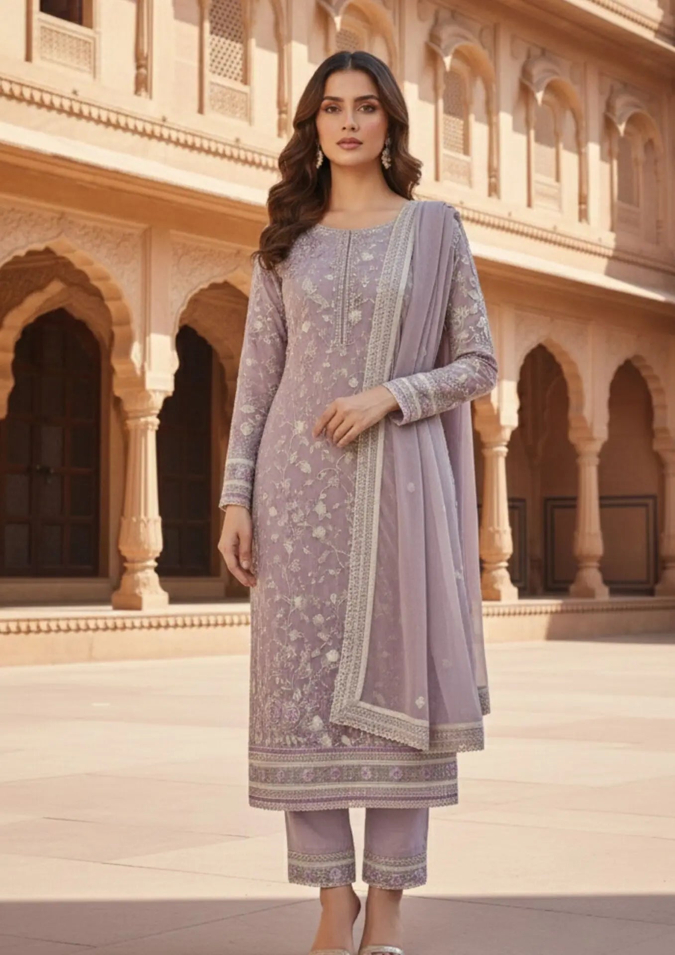 Unstitched Lavender Georgette With Sequin Embroidered Suit Material