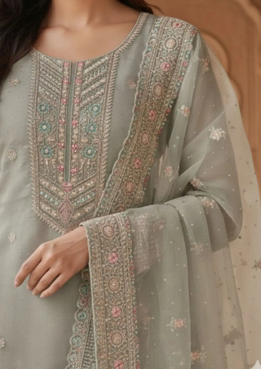 Semi Stitched Soft Chiffon Light Green With Sequin Embroidery Suit Material
