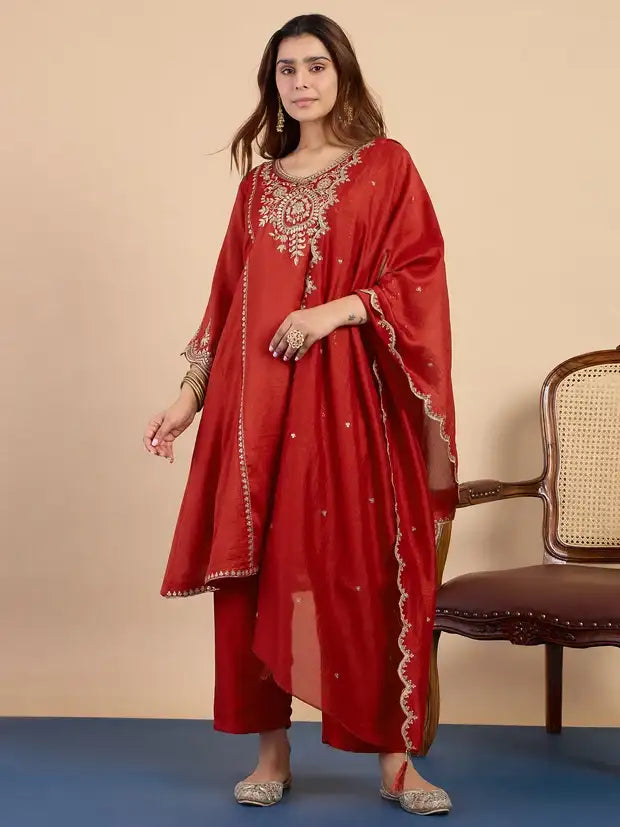 Rust Red Silk Blend Embroidered Kurta and Pant with Dupatta