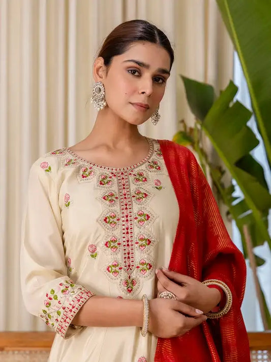 Beige Silk Blend Kurta Pant and Dupatta set