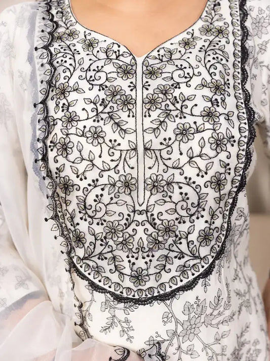 Cream and Black Silk Blend Embroidered Kurta Pant and Dupatta Set