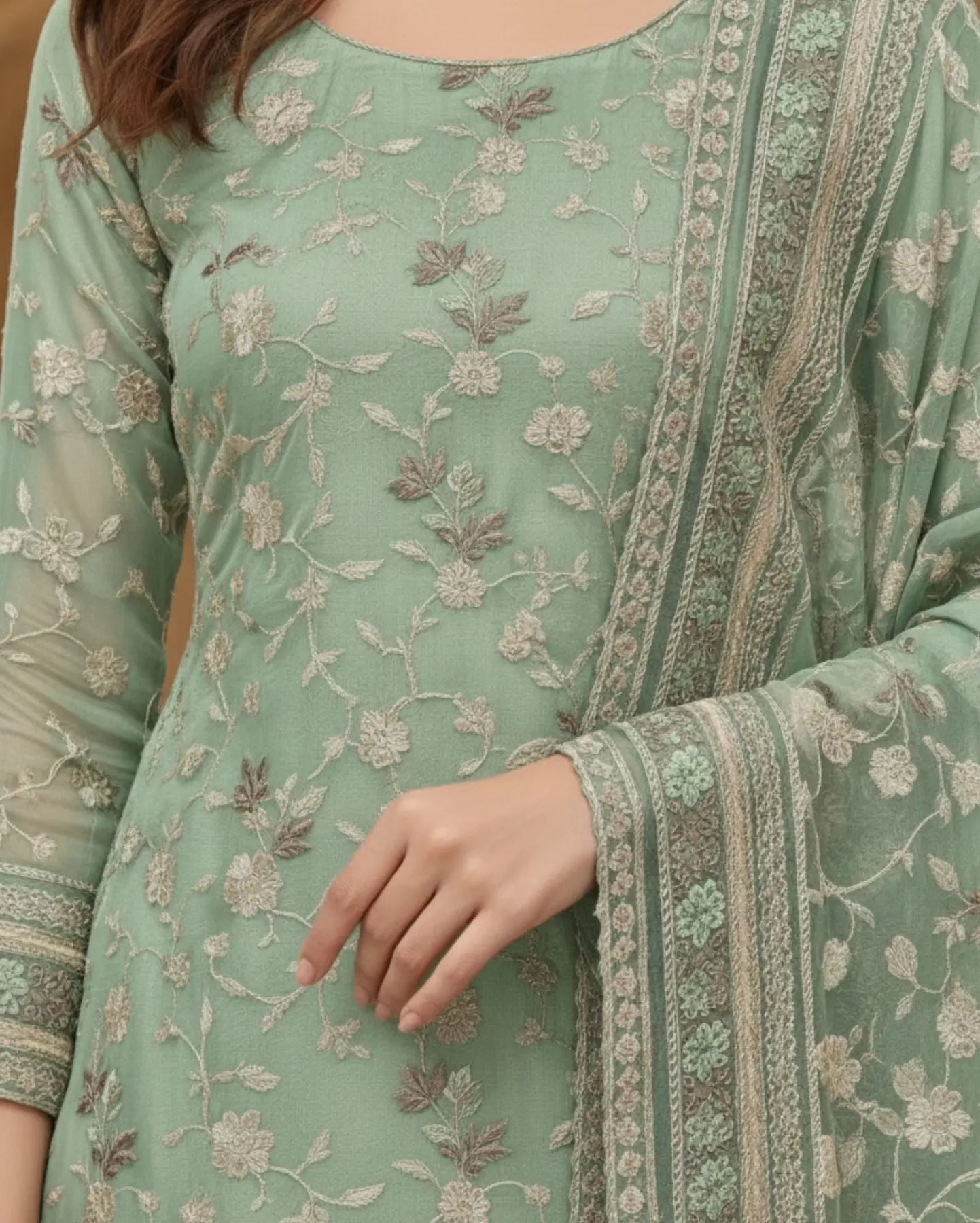 Unstitched Soft Sea-Green Organza Fabric Adorned With Delicate Ivory Thread Embroidered Suit Material