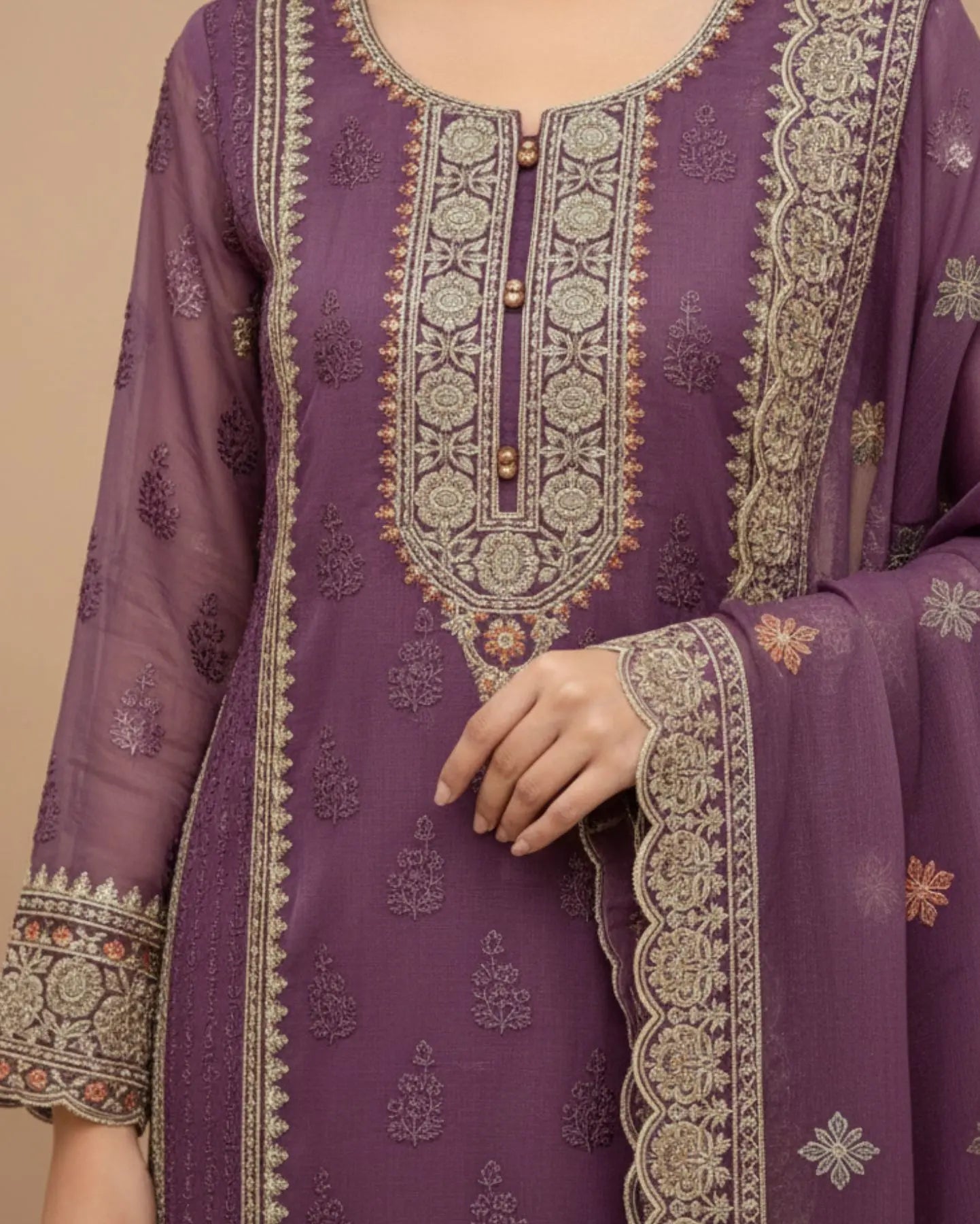 Plum-Purple Semi-Stitched With Multicolour Embroidery Lightweight Organza Suit Set With Dupatta