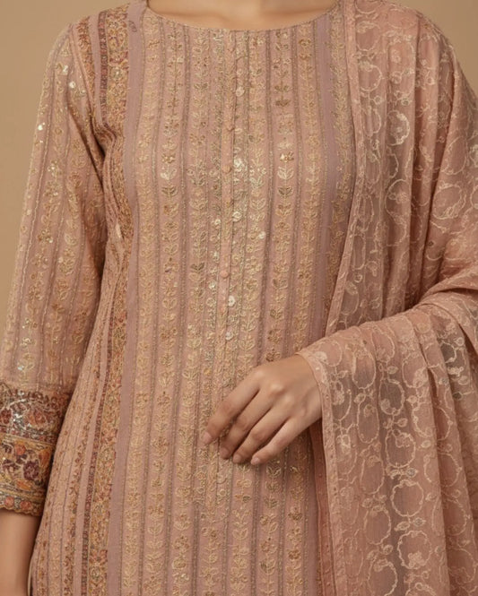 Dusty Rose Unstitched Textured Jacquard Chiffon With Resham And Sequin Work Suit Set With Dupatta