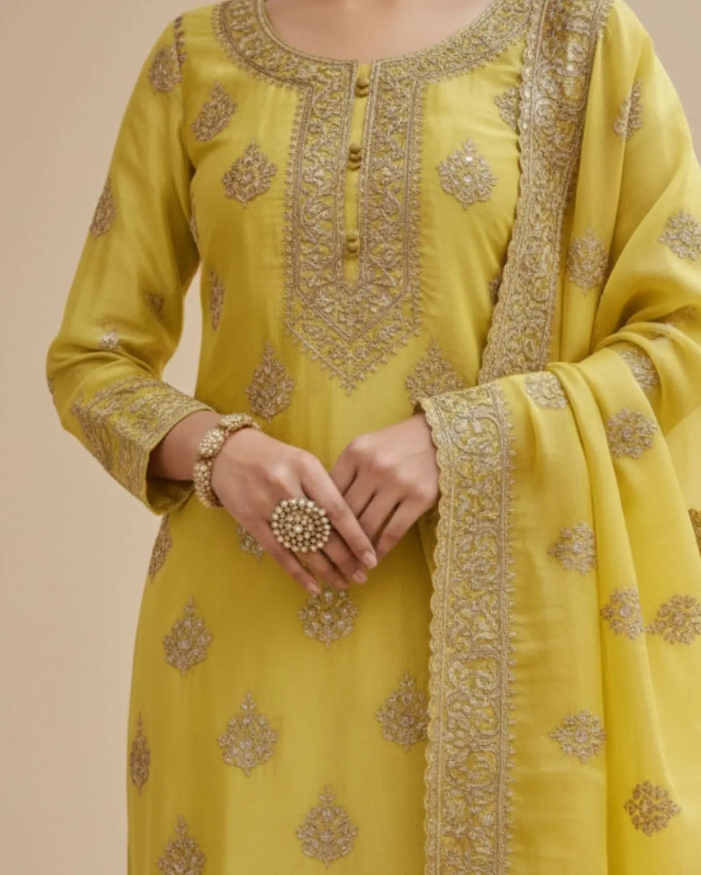 Semi-Stitched Fresh Lime-Yellow Ornate Golden Zari And Sequin Work Tissue Silk Suit With Dupatta