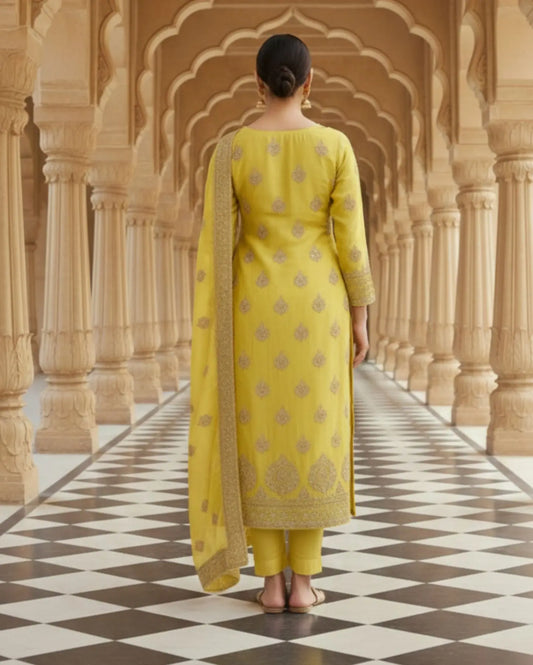 Semi-Stitched Fresh Lime-Yellow Ornate Golden Zari And Sequin Work Tissue Silk Suit With Dupatta