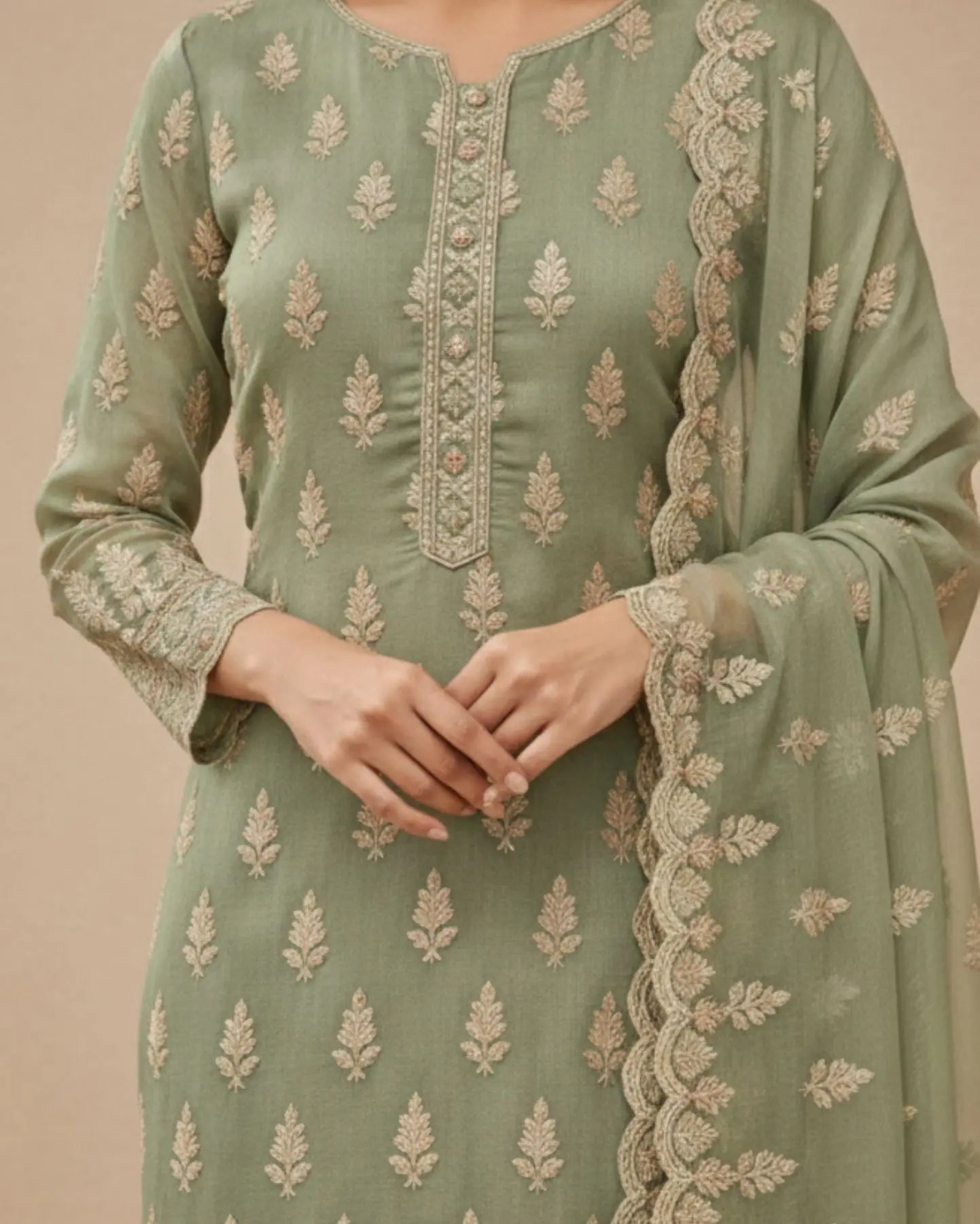 Semi-Stitched Sea-Green Soft Georgette Suit With Ivory Sequin Tree Motifs