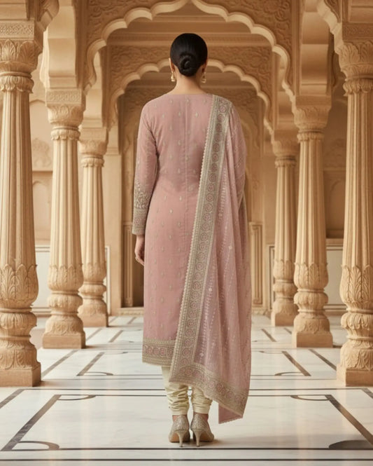 Unstitched Soft Blush Pink Organza With Intricate Ivory And Gold Threadwork Embroidery Suit Material