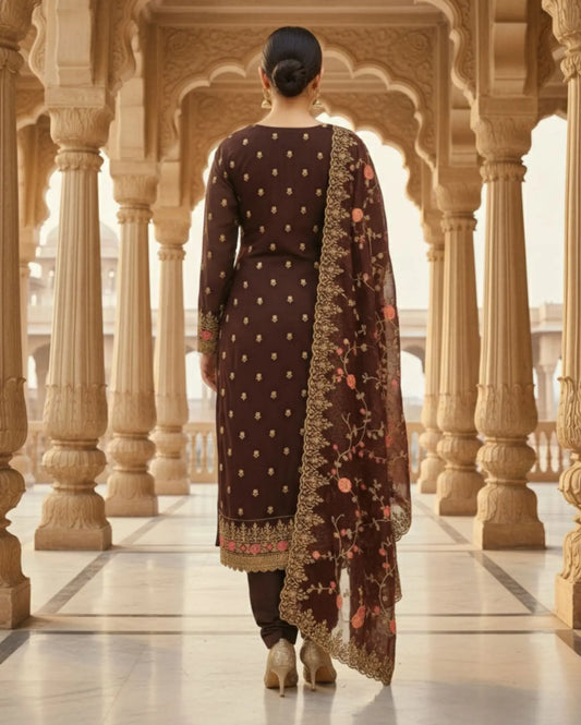 Semi Stitched Dark Purple Georgette With Ornate Embroidery Suit Material