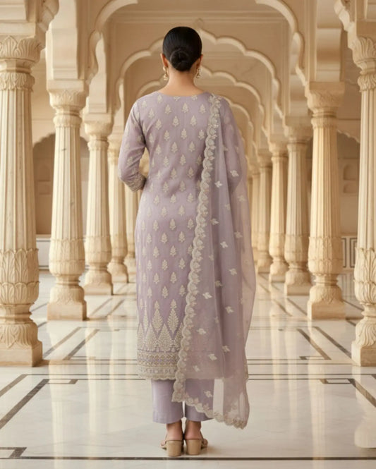 Semi-Stitched Dusty Lavender Organza With Ivory Tree-Motif Sequin Embroidered Suit Material