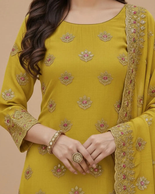 Unstitched Mustard Shimmer Silk-Blend Embroidered Suit Material