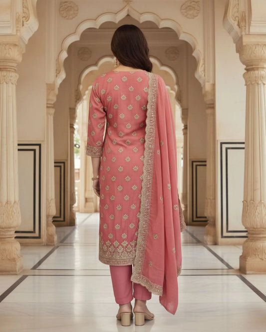 Unstitched Dusty Rose Shimmer Silk-Blend Embroidered Suit Material
