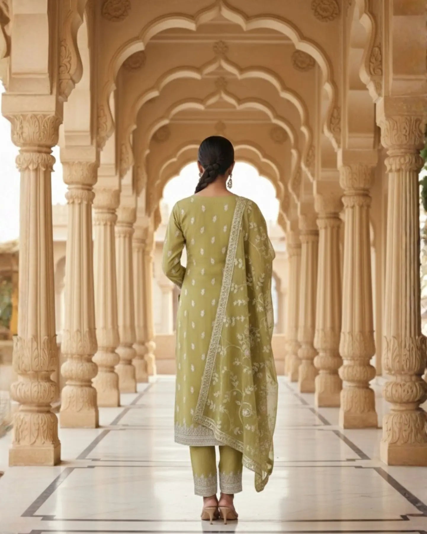 Semi-Stitched Olive Green Pure Organza Suit With Delicate Pastel Thread And Sequin Neckline Embroidery