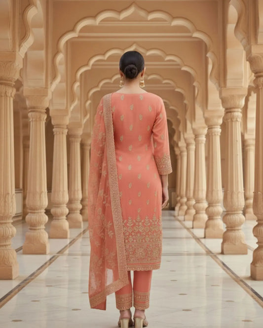 Semi-stitched peach cotton suit featuring delicate pastel thread and subtle sequin embroidery. The kurta is adorned with elegant motifs and a finely detailed hem border, paired with matching bottoms and a lightweight embroidered dupatta.