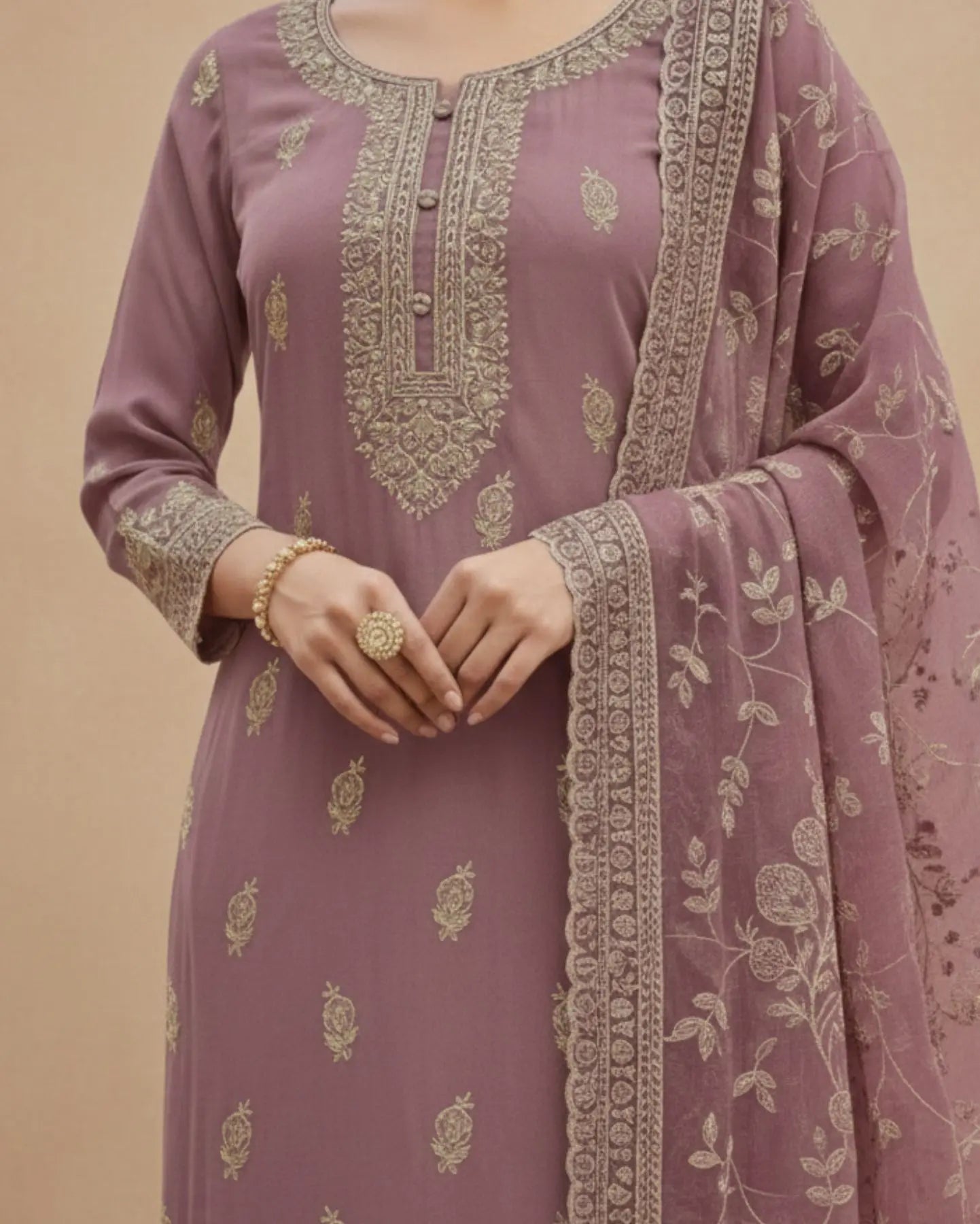 Semi-Stitched Dusty Mauve Chiffon Suit With Delicate Golden Thread And Sequin Embroidery