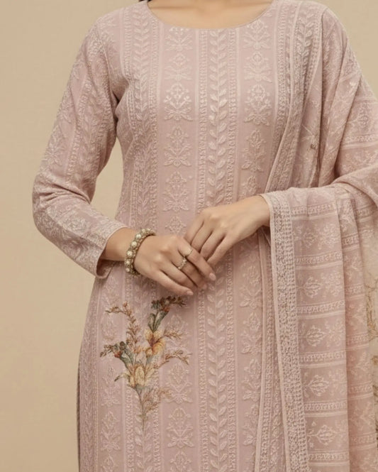 Pastel Lavender Unstitched Chiffon Suit Set With Dupatta Adorned With Floral Threadwork