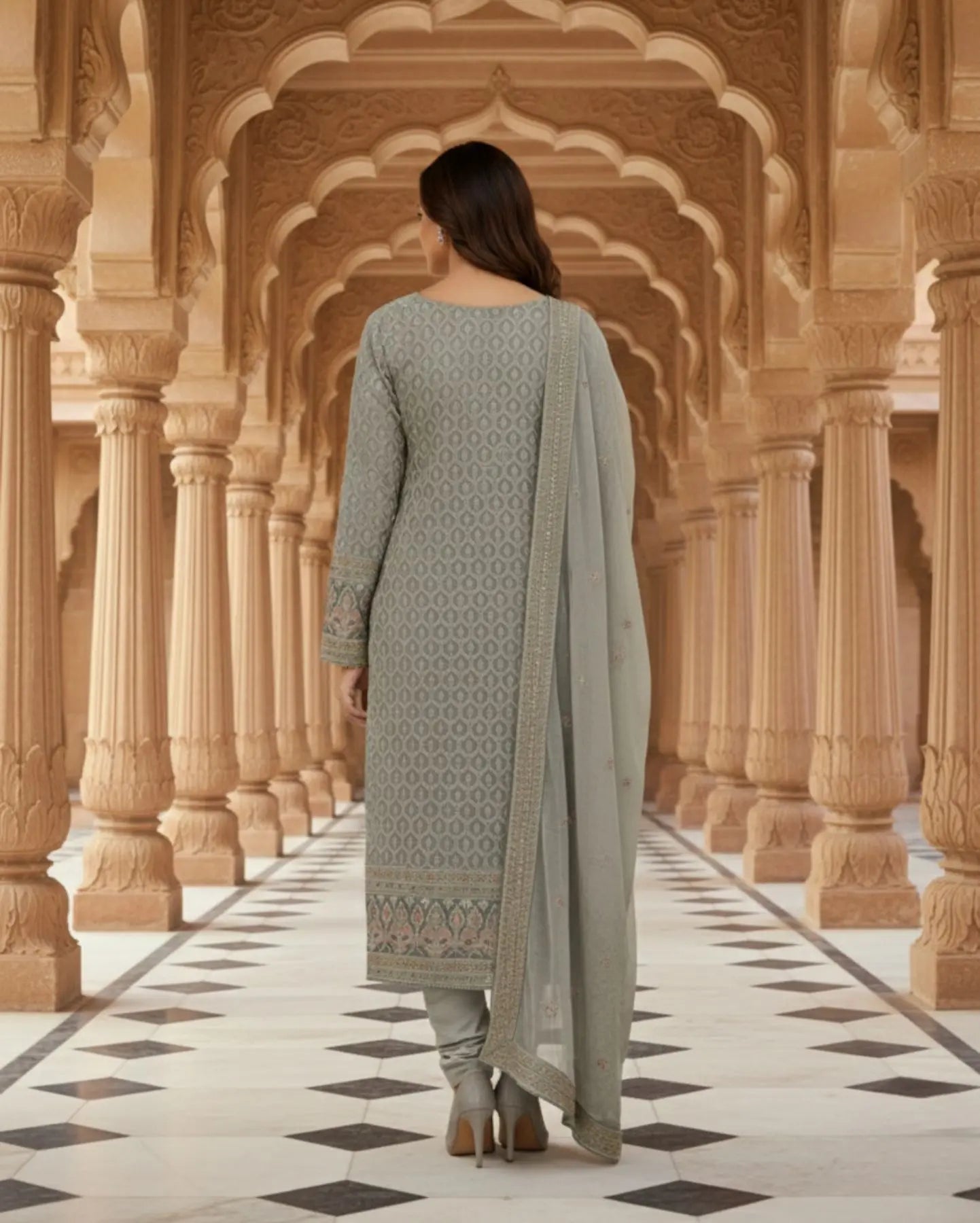 Unstitched Soft Dove-Grey Georgette Suit With Ivory Thread Embroidery And Subtle Sequin Highlights