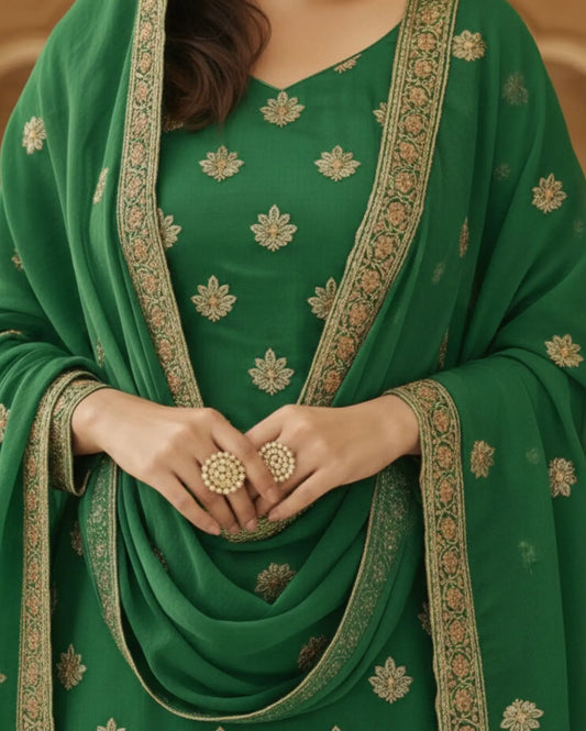 Unstitched Green Shimmer Silk-Blend Embroidered Suit Material