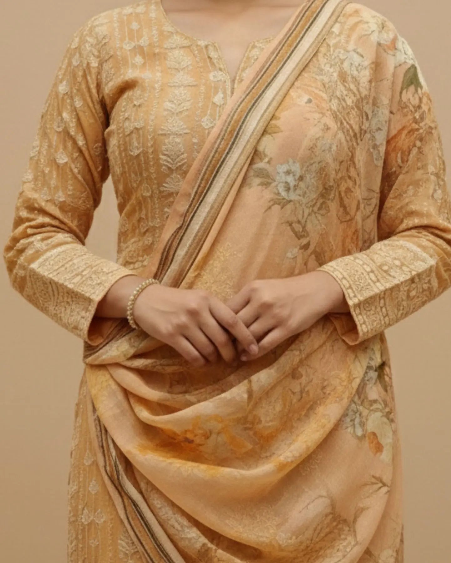 Unstitched Peach Blush Georgette Suit With Intricate White Resham Embroidery And Sequin Highlights