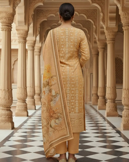Unstitched Peach Blush Georgette Suit With Intricate White Resham Embroidery And Sequin Highlights