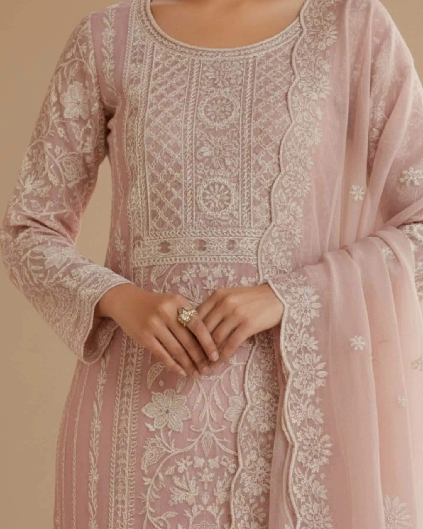 Semi-Stitched Soft Blush Pink Georgette Suit With Intricate Pastel Thread And Sequin Embroidery