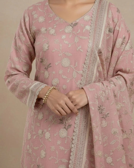 Unstitched Antique Rose Pink Fine Muslin-Cotton Blend With Sequin Accents And Textured Embroidered Suit Material