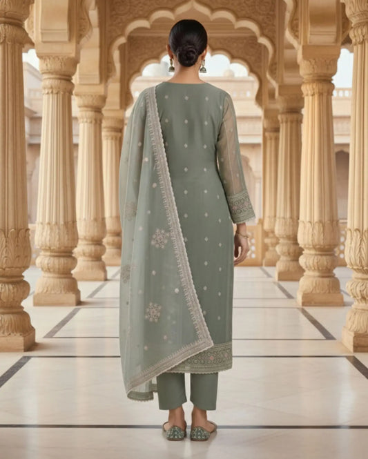 Semi-Stitched Sage Green Sheer Organza With Pastel Zari Embroidered Suit Material